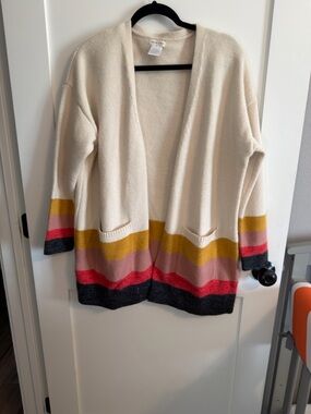 Main Strip Cream Open-Front Cardigan with Mustard Pink Red and Charcoal Stripes